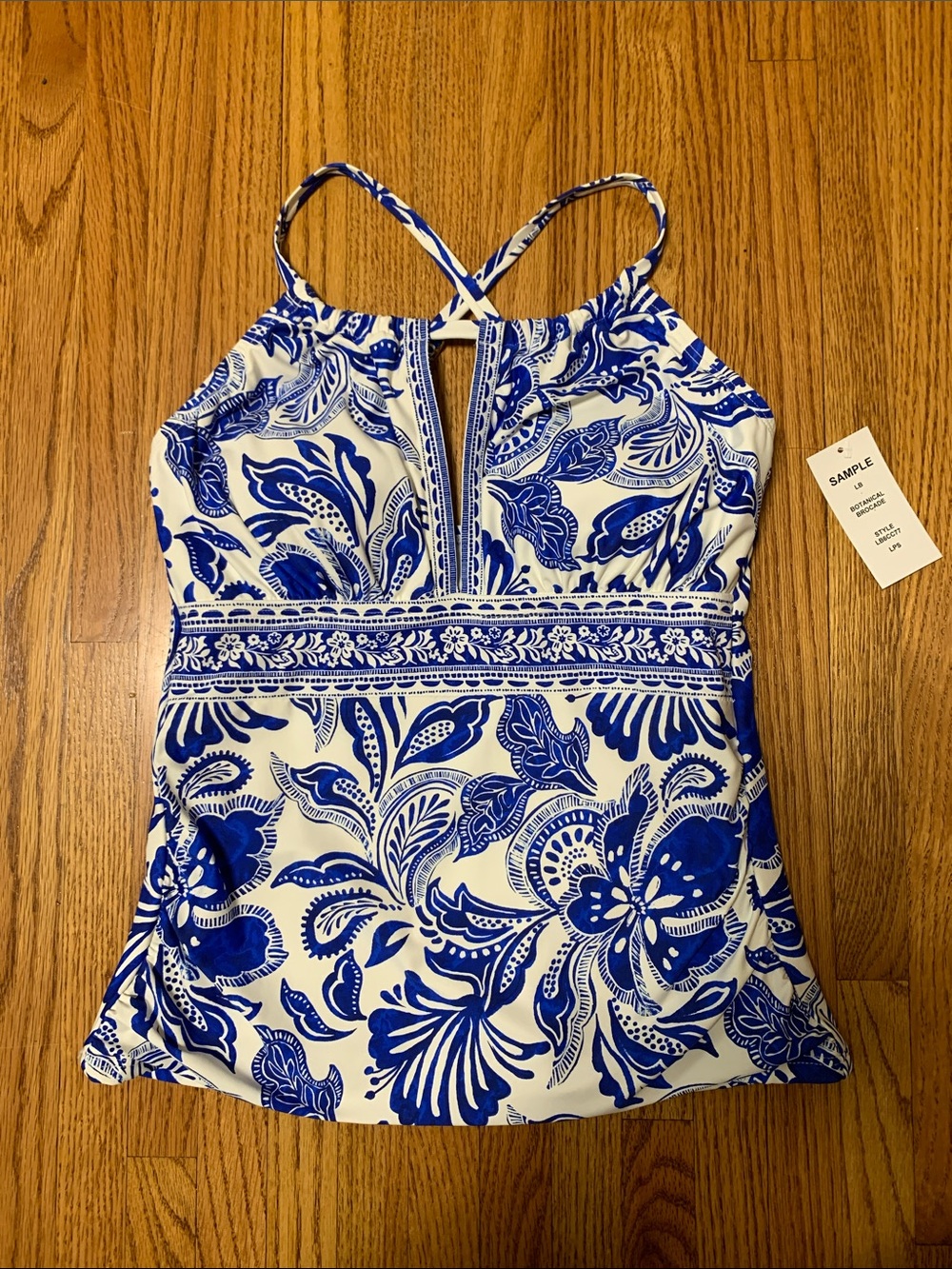 La Blanca swimsuit - high neck keyhole tankini top blue botanical Brocade lapis